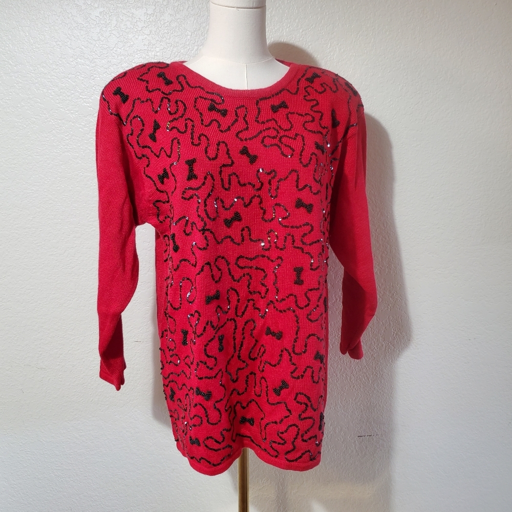 Jaclyn Smith Vintage Red Sweater Black bead work Shoulder Pads Sz L